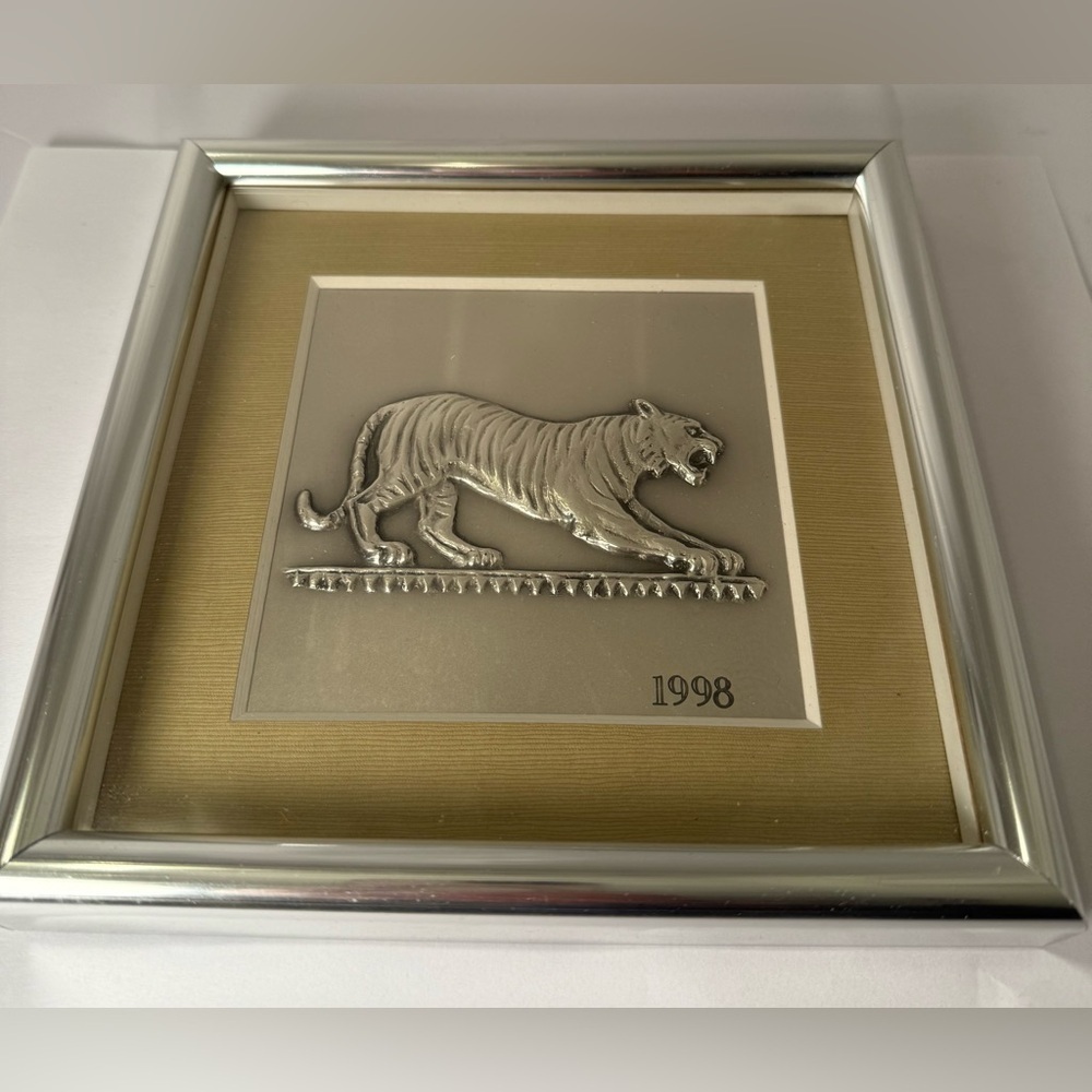 Vintage Framed Pewter Relief Of Tiger 1998
